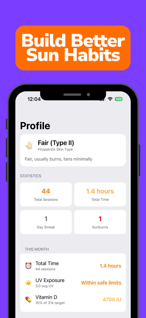 Sunglow: Safe Tanning - Tela de smartphone mostrando o perfil do usuário do aplicativo Sunglow com tipo de pele e estatísticas de exposição solar