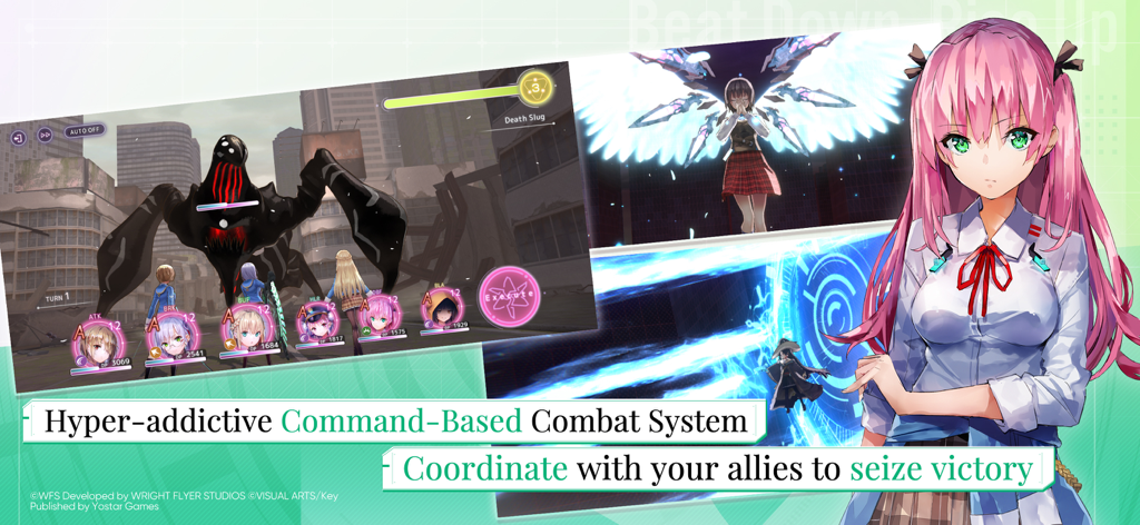 Captura de tela da jogabilidade de Heaven Burns Red mostrando o sistema de combate baseado em comandos e personagens de anime.