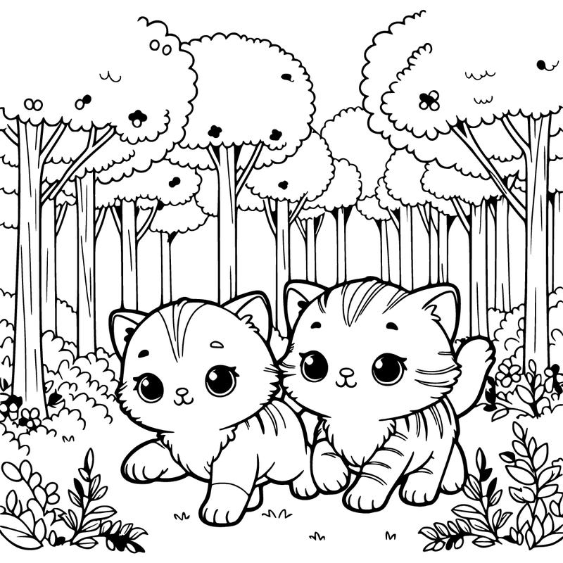 two kittens walking through a forest