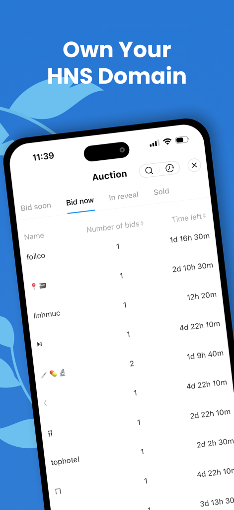 FxWallet - Interfaccia mobile di FxWallet che visualizza le aste attive per i nomi di dominio HNS