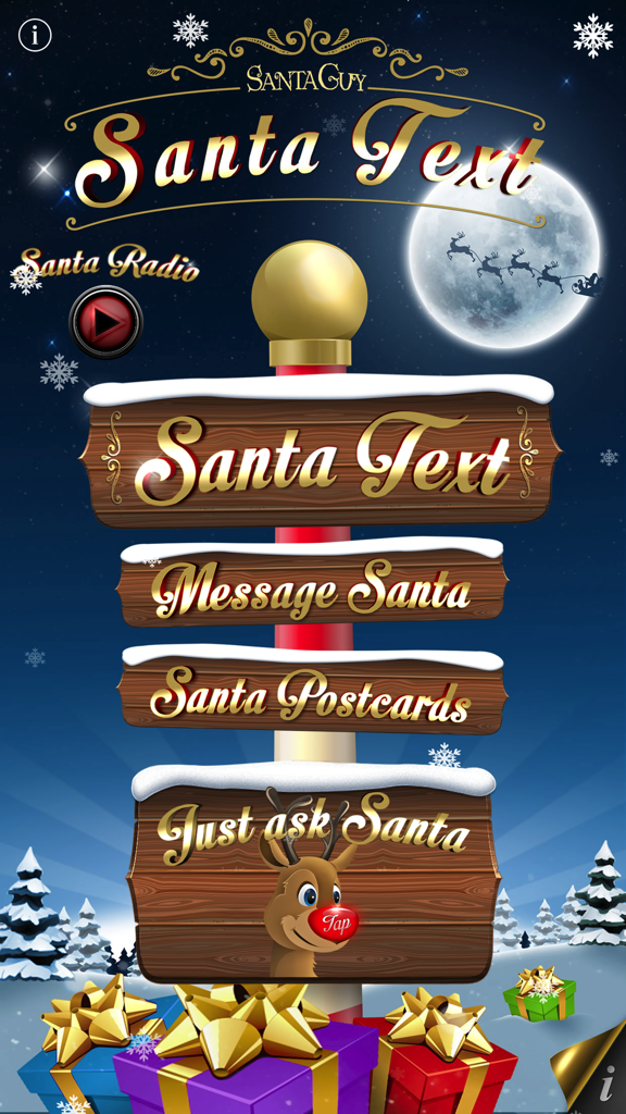 Main screen of Santa Text app with menu options on a snowy North Pole signpost