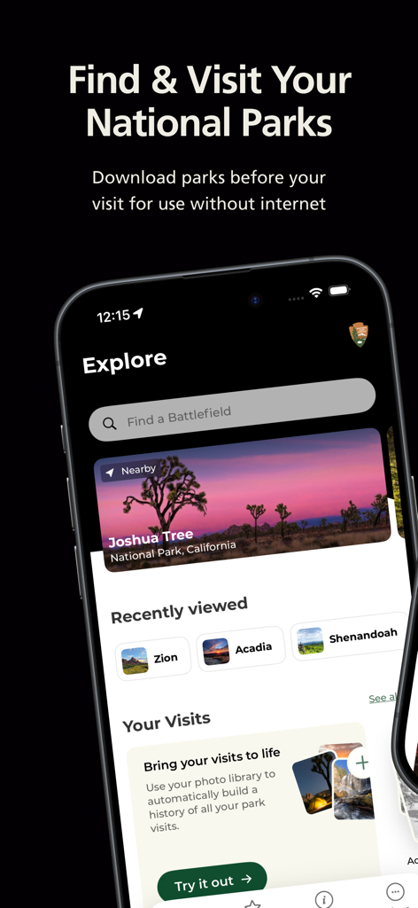 National Park Service - Bildschirm der National Park Service App, der den Joshua Tree Park und Offline-Zugriffsoptionen zeigt