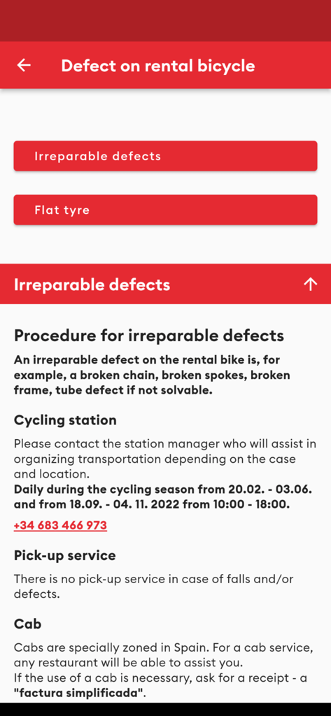 Huerzeler - Huerzeler app interface showing emergency procedures for rental bicycle defects and irreparable damage.