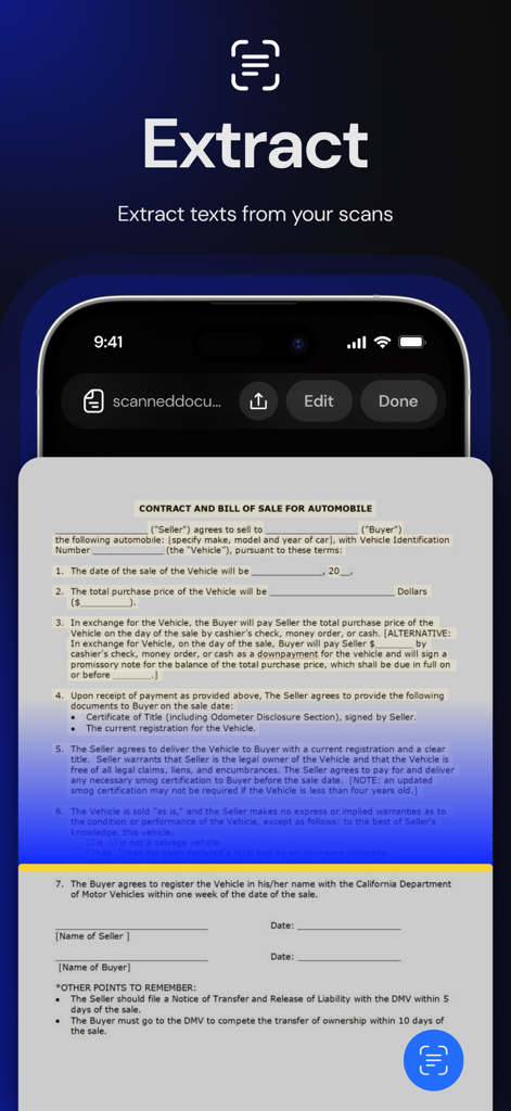 Atlas AI app extracting text from a scanned contract and bill of sale on iPhone