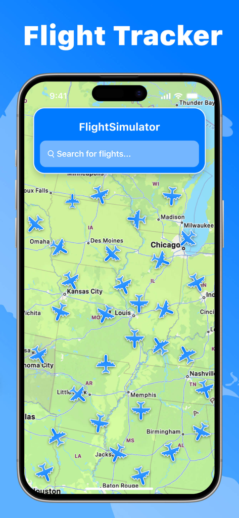 Flight Tracker, Plane Finder - Mapa de radar interactivo en la aplicación Flight Tracker que muestra ubicaciones de aeronaves en vivo sobre los Estados Unidos