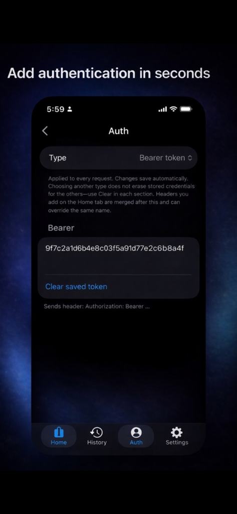APIリクエストにBearerトークンを追加するための認証設定を表示するReqLabアプリ画面