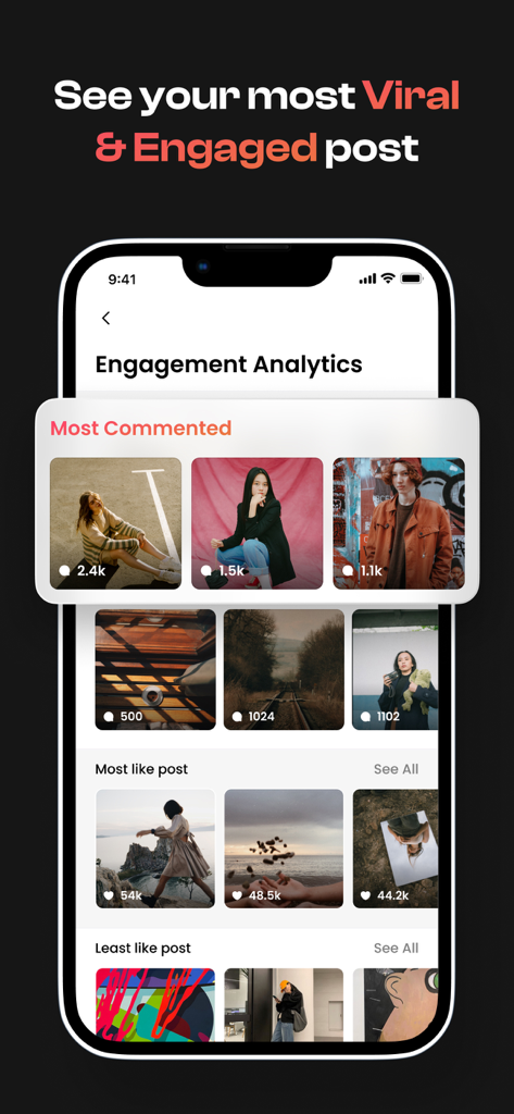 Followers+ Track for IG - Mobile screen displaying engagement analytics for Instagram posts including most commented and most liked content