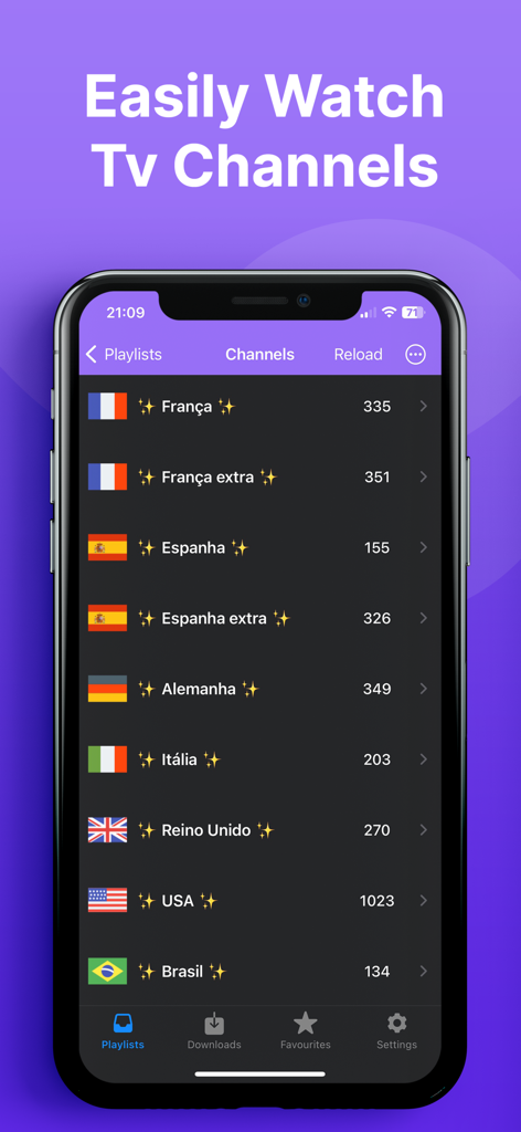 IPTV app interface showing a list of international TV channel groups on a smartphone