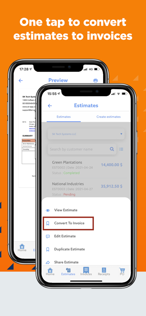 Simple Invoice Maker & Receipt - Pantalla de la aplicación SIR que muestra la opción de convertir un presupuesto en una factura con un solo toque