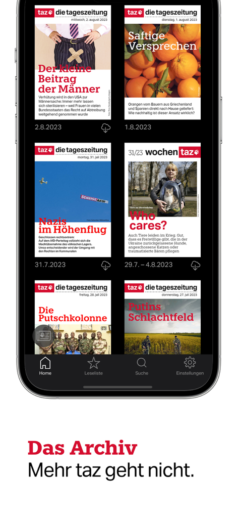 taz, die tageszeitung - Schermata dello smartphone che mostra l'archivio digitale delle copertine dei giornali taz