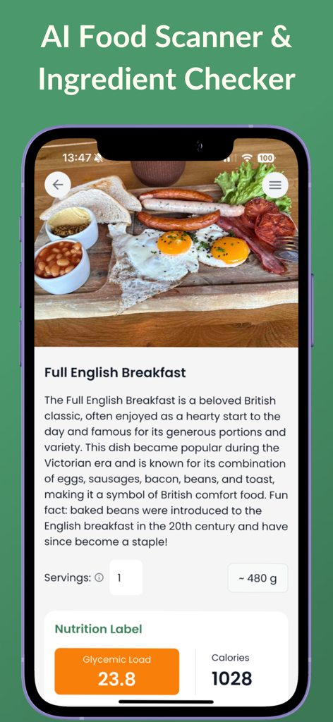 Glycemic Index Tracker LOGI - AI food scanner screen showing glycemic load and nutrition data for a breakfast plate