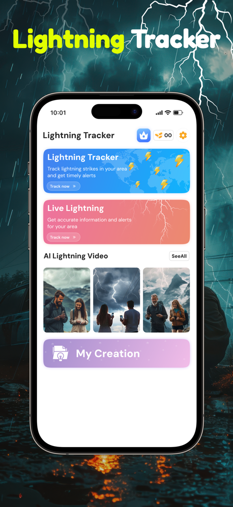 Lightning Tracker with Alerts - リアルタイムの雷検知と嵐追跡オプションを表示する雷追跡アプリのホーム画面