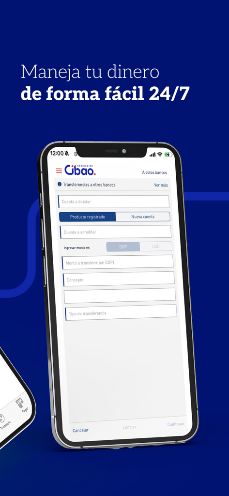 Interfaccia dell'app Móvil Banking Cibao che mostra un modulo di trasferimento ad altre banche