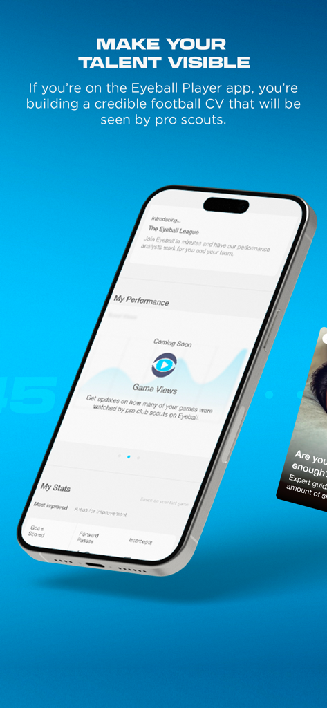 Eyeball Football - Pantalla de smartphone que muestra la aplicación Eyeball Football para crear un CV digital de fútbol y rastrear las visualizaciones de los ojeadores.