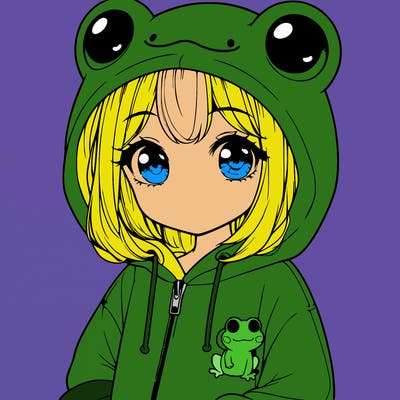 cute realistic girl in a froggy hoodie