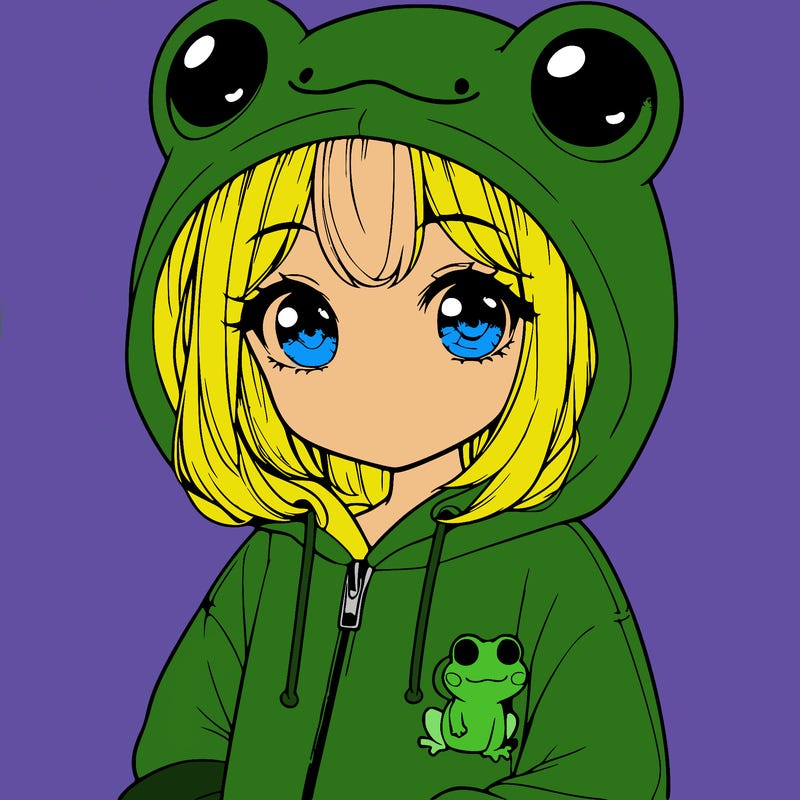 cute realistic girl in a froggy hoodie