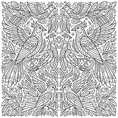 Unleash your child's creativity with this captivating Kaleidoscope Birds coloring page, perfect for young artists aged 4-8. Discover a world where symmetrical avian designs and intricate foliage come alive with every splash of color.