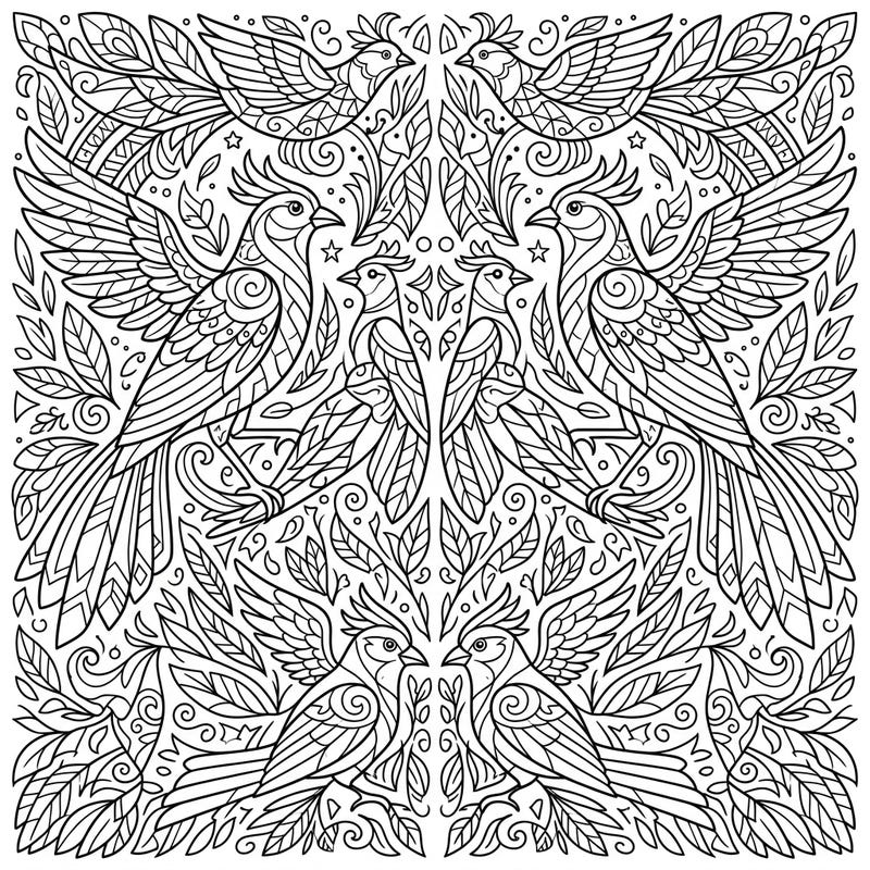 Unleash your child's creativity with this captivating Kaleidoscope Birds coloring page, perfect for young artists aged 4-8. Discover a world where symmetrical avian designs and intricate foliage come alive with every splash of color.
