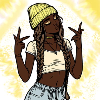 realistic teenage girl with braids and a beanie and crop top doing 🫶🏼
