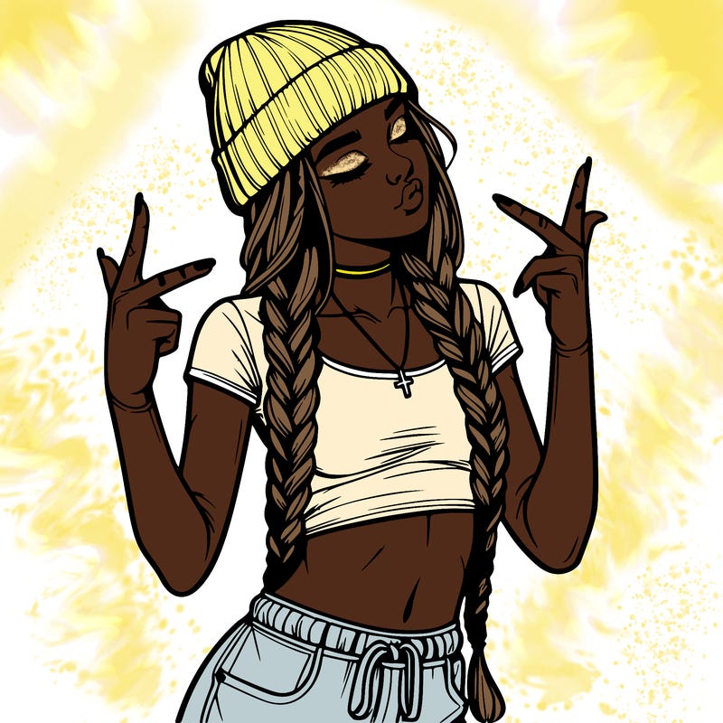 realistic teenage girl with braids and a beanie and crop top doing 🫶🏼