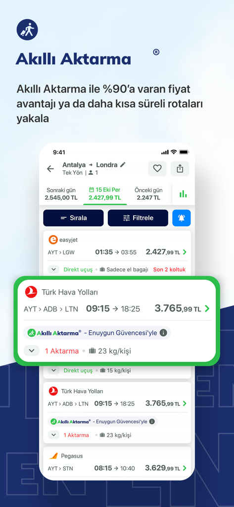 ENUYGUN: Uçak Otel Otobüs Araç - Enuygun Mobile App-Bildschirm mit Flugsuchergebnissen und hervorgehobener Smart Transfer-Funktion für Reise rabatte