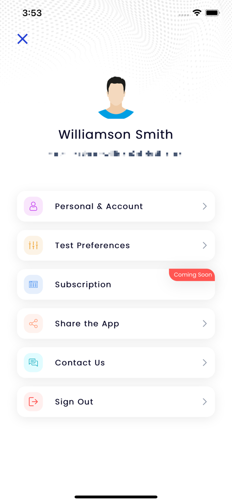 Urinox - The user profile and settings menu of the Urinox health app