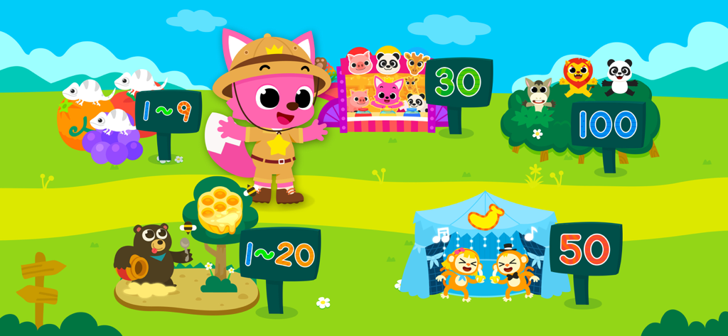 Pinkfong Numbers Zoo: Kid Math - Personaje explorador de Pinkfong en un mapa de zoo colorido con varias estaciones de aprendizaje de números con temática de animales