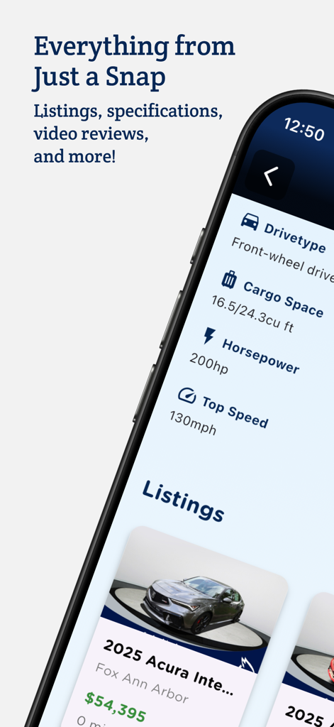 CarSnap: Car Shopping with AI - Pantalla de la aplicación CarSnap mostrando especificaciones del vehículo y anuncios de coches locales