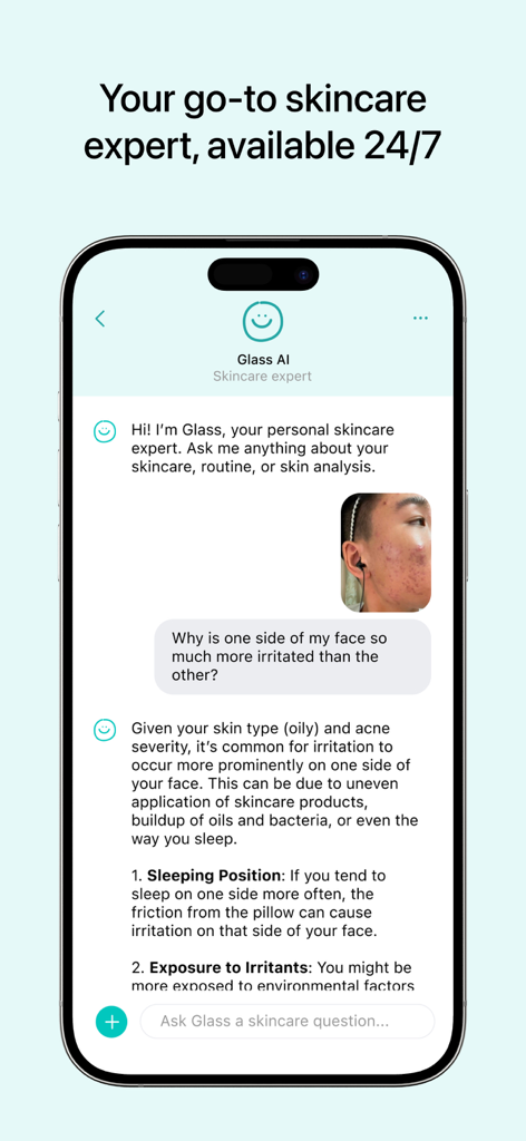Glass: AI Skincare & Acne Scan - Glass AI app chat interface providing personalized skincare analysis and expert advice for acne.