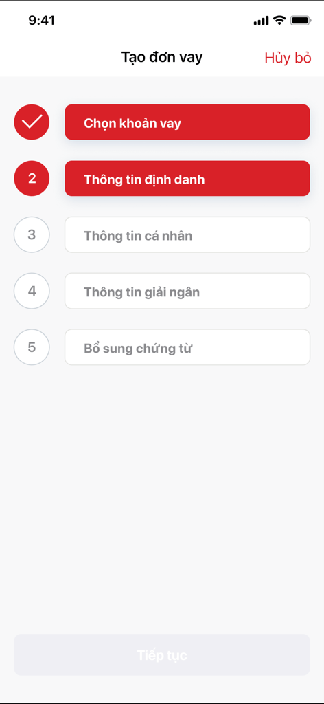 HD Saison - HD Saison mobile app screen displaying the five-step process for creating a loan application in Vietnamese.