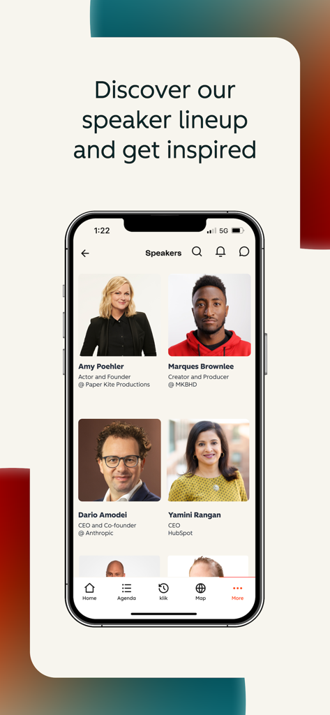 Mobile app screen showing a list of speakers for the INBOUND conference including Amy Poehler and Marques Brownlee.