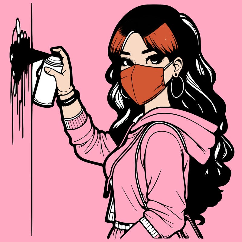 realistic girl with mask spray painting a wall