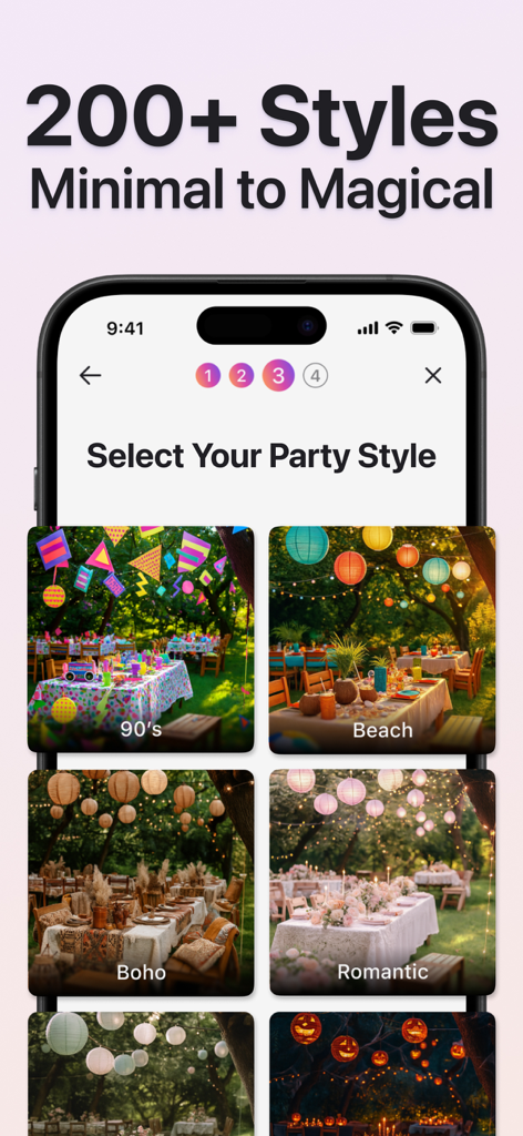 AI Party Design: Event Planner - AIパーティーデザインアプリで、90年代ビーチボヘミアン、ロマンチックなど、さまざまなパーティー スタイルを選択する画面を表示するスマートフォン