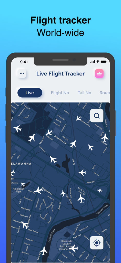 Live Flights Tracker - Interfaccia dell'app mobile Live Flight Tracker che mostra una mappa radar in tempo reale con icone di aerei sopra un'area urbana