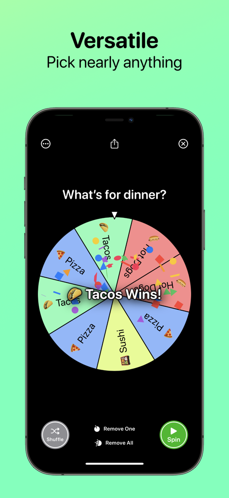 Winner Wheel app on a smartphone showing a random decision wheel for dinner with Tacos as the winner.