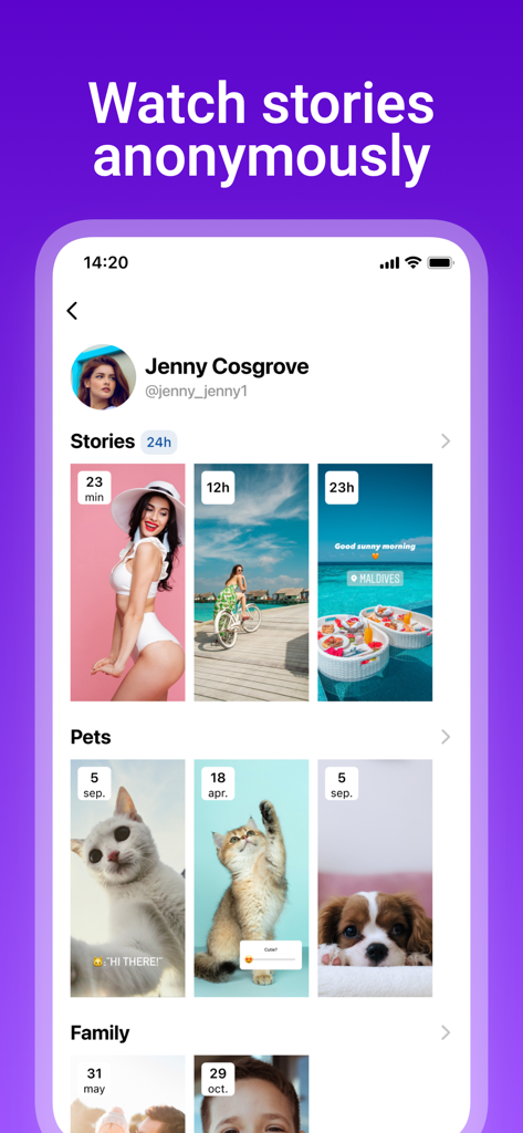 Interfaccia dell'app Instory che mostra un profilo utente con storie ed highlights categorizzati per la visualizzazione anonima