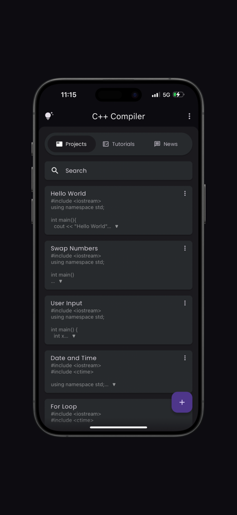 C++ Compiler Pro app interface displaying a list of saved coding projects and snippets on an iPhone.
