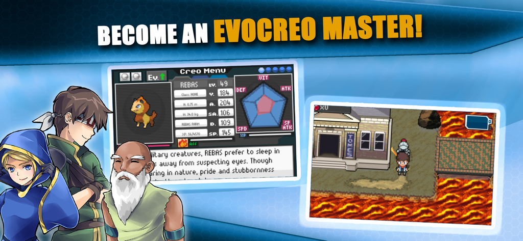 Screenshot of EvoCreo showing a monster stats menu and a 2D top down RPG world exploration scene