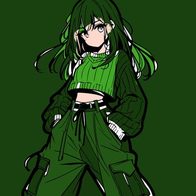 anime teen girl with baggy pants and crop top with sweater