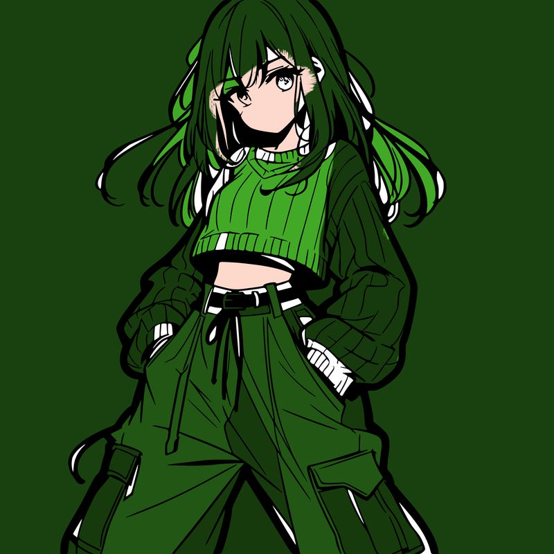 anime teen girl with baggy pants and crop top with sweater