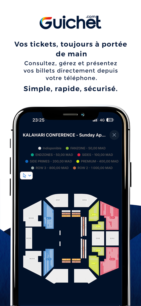 Guichet - Smartphone displaying the Guichet app with an interactive seating map for selecting event tickets.