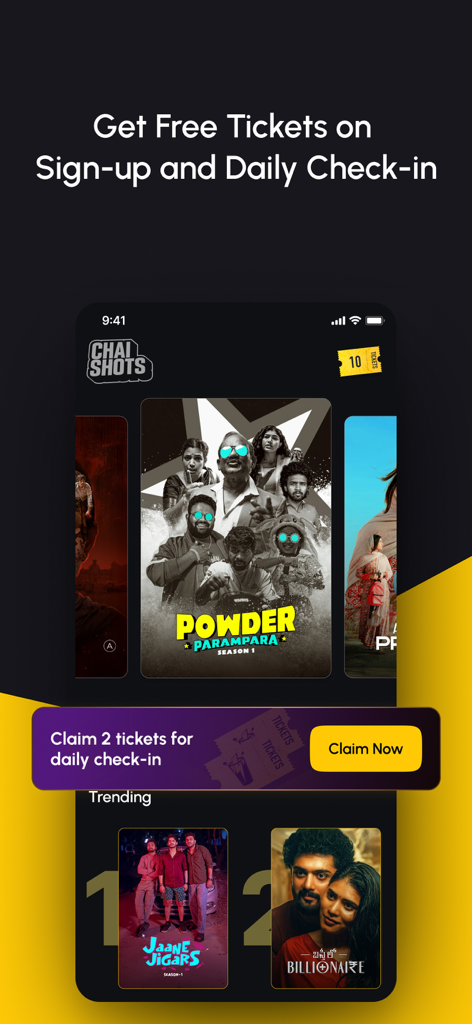 Chai Shots - Short Series OTT - Chai Shots app home screen featuring trending Telugu short series and a daily check-in reward notification for free tickets.