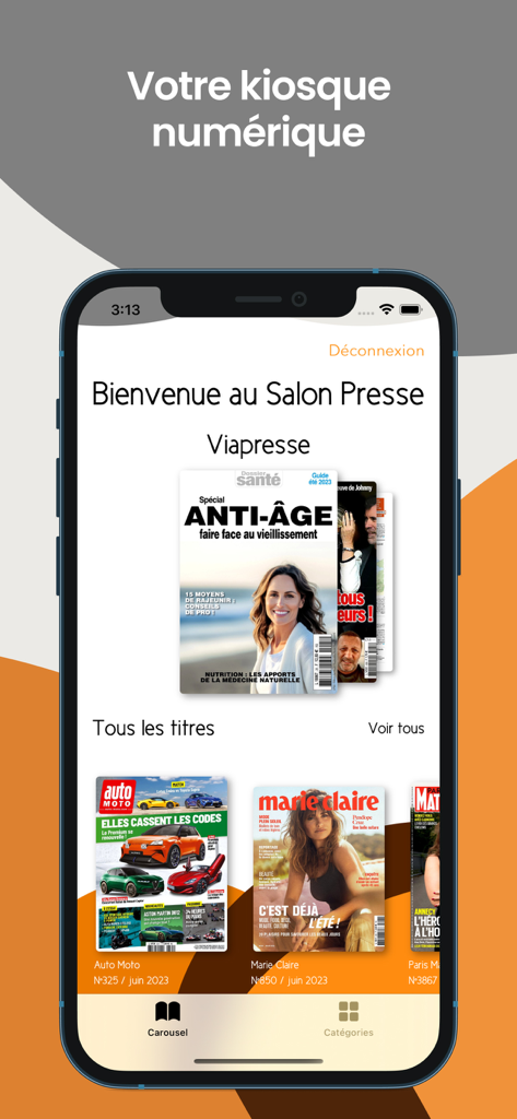 Interface of the Salon Presse app displaying a selection of digital magazines for salon customers