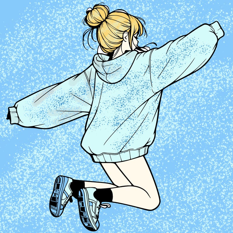 realistic girl jumping with a bun and oversized sweatshirt