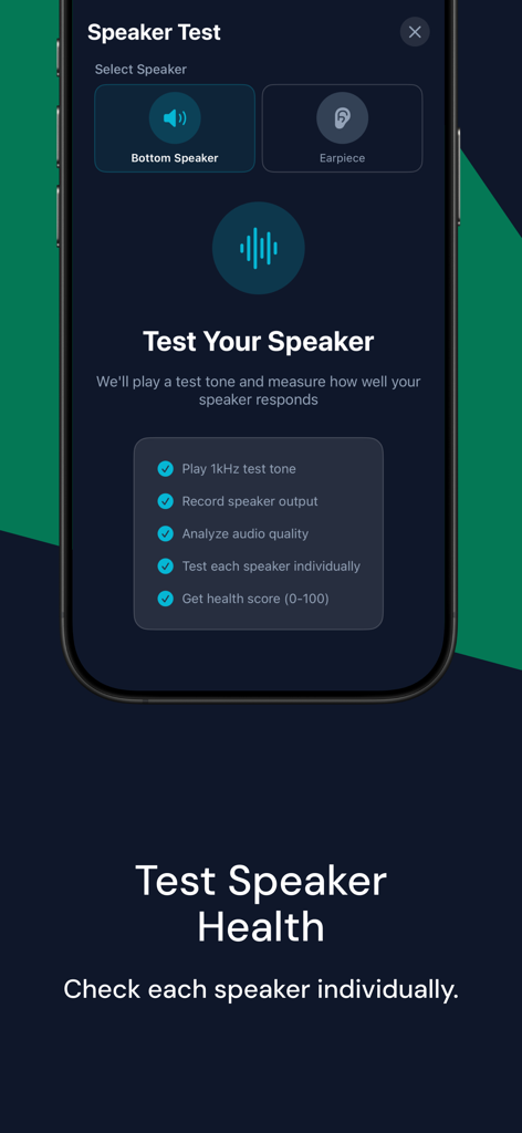 Clear Wave: Eject Water - Clear Waveアプリのスピーカーヘルスチェックインターフェース。iPhoneスピーカーの診断オプションが表示されています。
