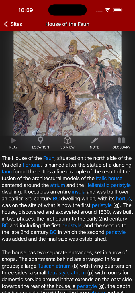 Información histórica detallada e imagen de mosaico para la Casa del Fauno dentro de la aplicación de guía de viaje Pompeii Tour.