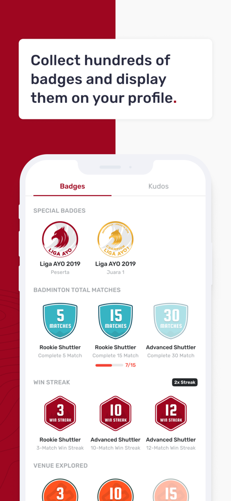 AYO: Super Sport Community App - Écran de profil utilisateur dans l'application AYO affichant des badges de réussite sportive à collectionner pour les matchs et les séries de victoires