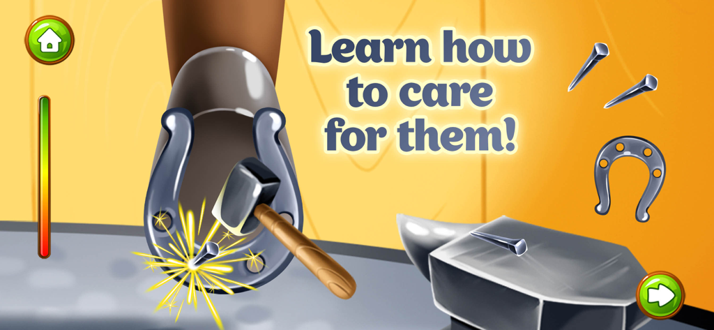 Animal Farm. Educational Games - Educational game screen for kids showing how to care for a horse by attaching a horseshoe