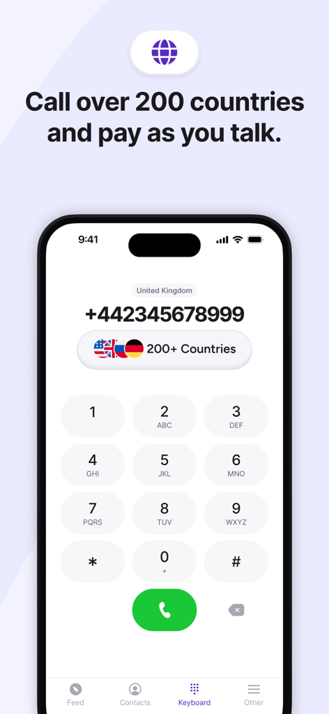 Telicall: Global Phone Calls - Telicall mobile app interface showing a phone keypad for making global calls to over 200 countries