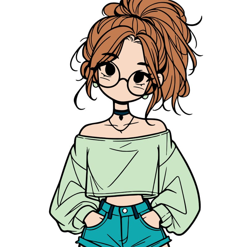 girl with a messy ponytail glasses a baggy crop top and jean shorts